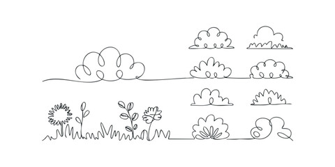 Minimalist line art elements of clouds and plants