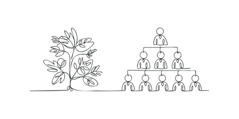 Line drawing of a flourishing plant and a hierarchical organizational chart