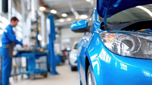 Mechanic working on a blue automobile with the hood open in a workshop.
