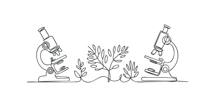 Minimalist line drawing of two microscopes and plant