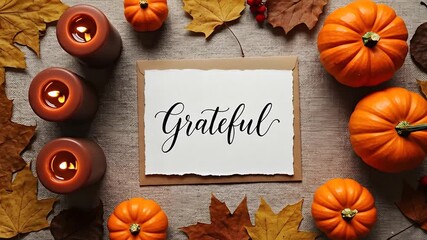 Autumnal still life with pumpkins candles and leaves gratitude concept