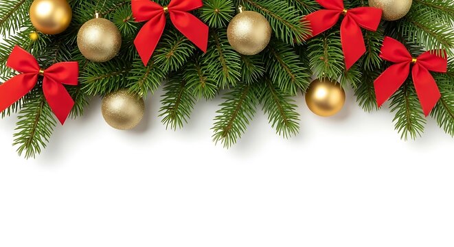 A festive arrangement of green fir branches adorned with shiny gold baubles and bright red bows, set against a clean white background. - Powered by Adobe