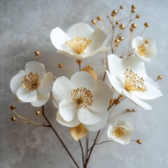 Minimal White Paper Flowers with Gold Leaves
