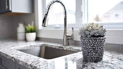 Modern kitchen sink area with a succulent plant and granite countertop.