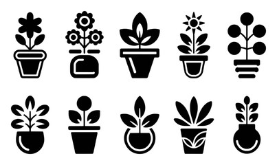 Collection of 10 Black and White Potted Plant Icons