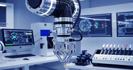 Advanced robotic arm operating in a high-tech laboratory with screens displaying data - Powered by Adobe