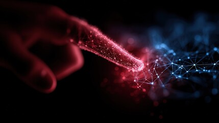 Particle Finger Touching Blue-Red Network: Tech Connection Scene