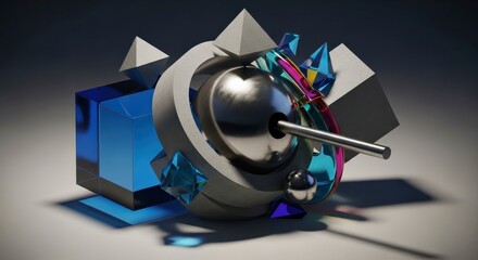 Abstract Geometric Composition with Shiny Metal Sphere and Crystal Elements