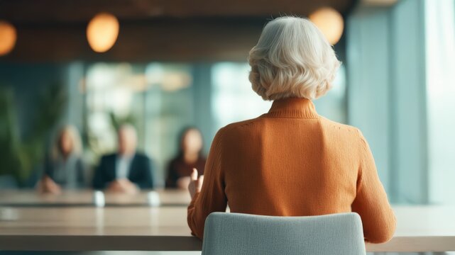 Professional blonde woman actively listens at corporate business meeting, seen from back, engaging with colleagues in modern office setting for strategic planning and discussion. - Powered by Adobe