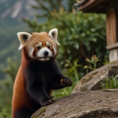 Fototapeta premium red panda eating bamboo