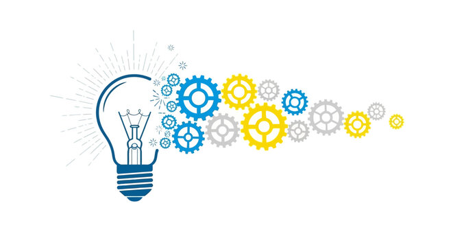Ignite innovation and power your success with a vibrant lightbulb and gears design concept for marketing, brainstorming, and creative solutions