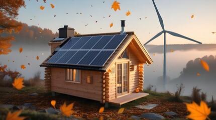 Eco Cottage in Autumn Valley with Solar Panels and Wind Turbine – Peaceful Sustainable Living Scene