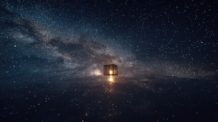 Illuminated Cube Reflecting in Still Water Under a Starry Milky Way Sky.