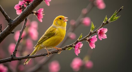 Vibrant yellow bird perched on blooming branch with pink flowers
