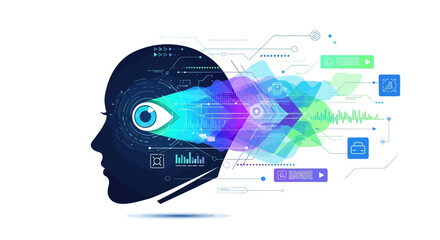 Modern technology concept showing human head silhouette with digital data flow, representing AI, machine learning, and innovative solutions for business growth