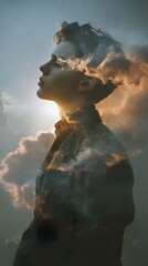 Ethereal Portrait with Surreal Clouds and Light in Profile View