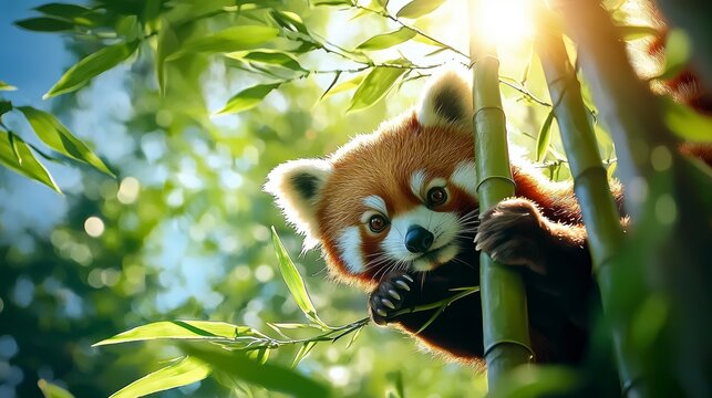 Fototapeta Red panda eating bamboo in lush forest nature photography daytime close-up view wildlife conservation awareness
