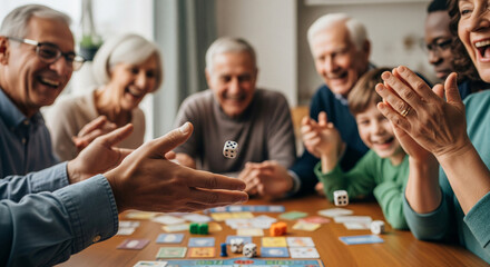 Joyful multi-generational family enjoying a lively board game at home, seniors and grandson laughing together during leisure time