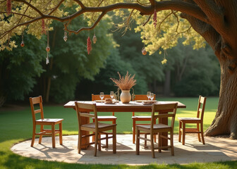 Wooden table and chair set for dining in a beautiful garden