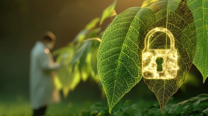 A scientist examines nature with a glowing padlock symbolizing security, blending technology and ecology in a serene environment, learn and protect nature with ai technology