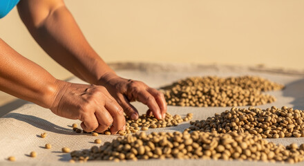 Hardworking individual sorting freshly harvested coffee beans by hand under sunlight, ensuring quality control and selection during traditional drying process outdoors