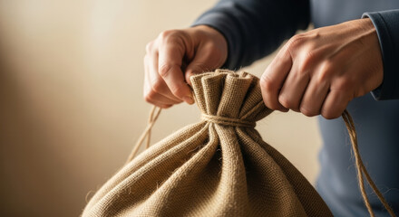 Careful person tying rustic burlap sack with strong rope, preparing secure package for storage or delivery, sustainable reusable bag solution, closeup hands focus environmental awareness