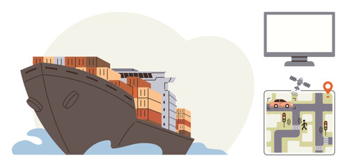 Cargo ship loaded with containers, digital monitoring screen, GPS map illustrating delivery routes. Ideal for logistics, transportation, global shipping, technology, connectivity, export-import