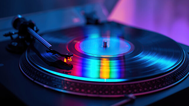 Colorful vinyl record spinning on turntable with vibrant lighting effects, creating a dynamic atmosphere for music lovers and enthusiasts