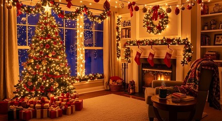 A cozy living room decorated for Christmas with a lit tree, presents, and a fireplace.