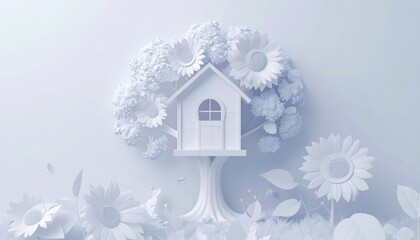Illustration of a tree house and sunflowers