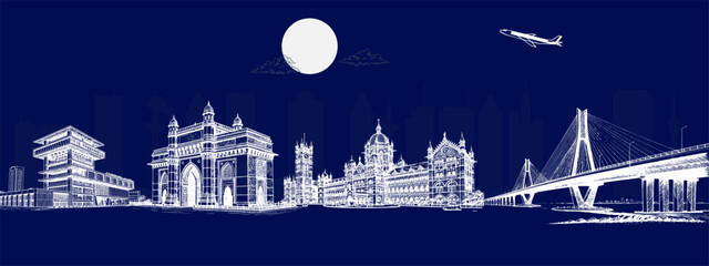 Mumbai Skyline Art with Gateway of India, CST Station, and Marine Drive &ndash; Perfect for Travel Posters, Tourism Promotions, and Editorial Features