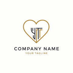 Elegant YT Letter Monogram Logo Design within a Golden Heart Shape.