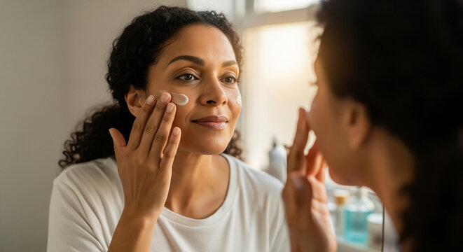 Mature African American woman applying anti-aging facial cream while looking in the mirror, part of her daily skincare and beauty routine at home