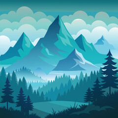 Fototapeta premium flat vector misty mountains with pine forest.eps