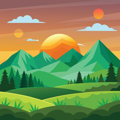 Fototapeta premium flat vector landscape with sunrise over green moun.eps