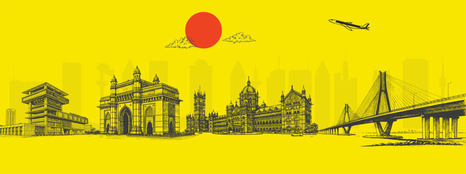 Mumbai Skyline with Gateway of India, Marine Drive, and Chhatrapati Shivaji Terminus – Cultural Travel Tourism Concept – Ideal for Cityscape Prints, Travel Blogs, and Promotional Use