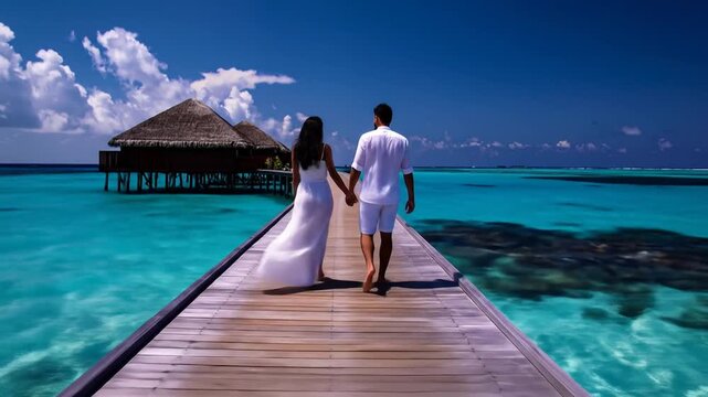 Couple walking hand-in-hand on a wooden pier towards overwater bungalows in a tropical turquoise sea.