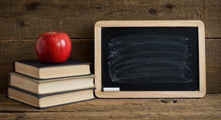 Classroom Essentials Still Life: A vibrant red apple rests atop a stack of vintage books next to a classic blackboard, set against a rustic wooden backdrop.