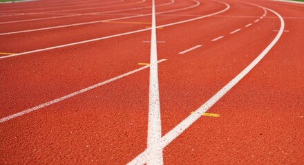 Athletic Track: An empty red track, marked with white lanes and lines, stretches towards the horizon, symbolizing competition, speed and athletic prowess.
