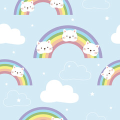 seamless cat head in rainbow pattern with cloud and star , vector , illustration