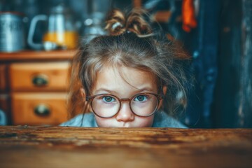 Close up image of a young girl in glasses at a table near a cabinet