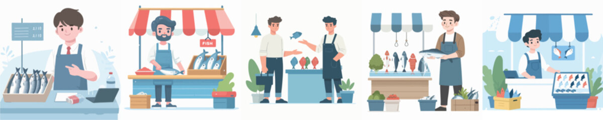 vector of young man selling fish