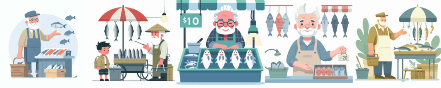 vector of grandfather selling fish