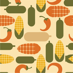 Seamless pattern of fresh vegetables, including corn, chili peppers, and cucumbers, in a retro flat design style with a muted color palette