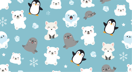 Cute Winter Arctic Animals Seamless Pattern Adorable Polar Bears, Penguins, and Seals with Snowflakes on a Light Blue Background, Perfect for Children's Designs