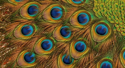 Obraz premium Vibrant Peacock Feathers: A close-up shot revealing the stunning beauty and intricate details of a peacock's plumage, showcasing nature's artistry with vivid colors and patterns.