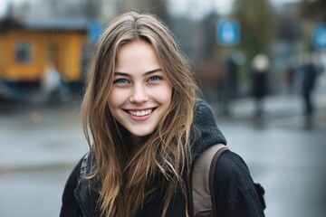 Fototapeta premium Confidently smiling young white girl on the street