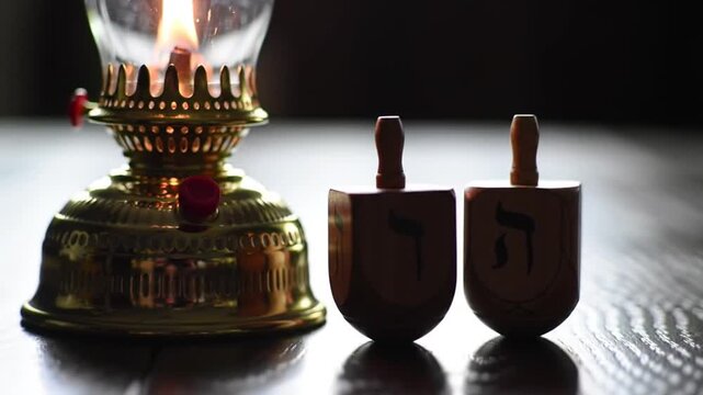 Hanukkah dreidels and a lit oil lamp on a wooden surface.