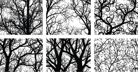 Black and white tree branch silhouettes, abstract nature illustration, bare twigs, seasonal design, fantasy vines, spring buds, decorative botanical artwork © Soni