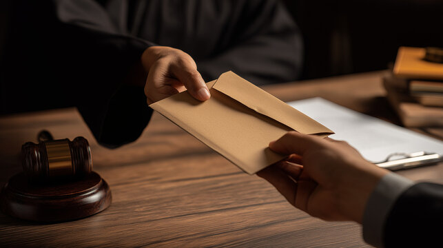 A man dressed in a judicial robe takes an envelope from someone, corruption and bribery. - Powered by Adobe